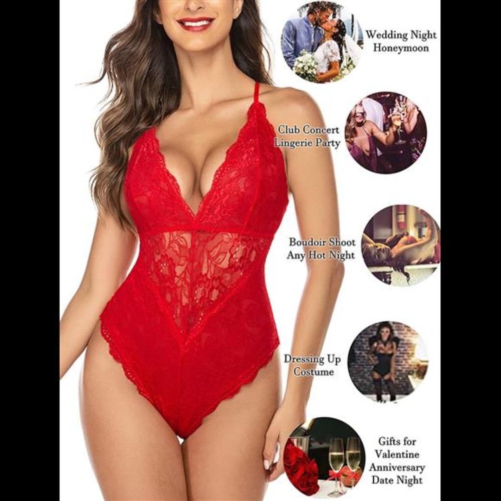 Women Snap Crotch Lingerie Sexy Lace Bodysuit Deep V One Piece - Picture 6 of 6